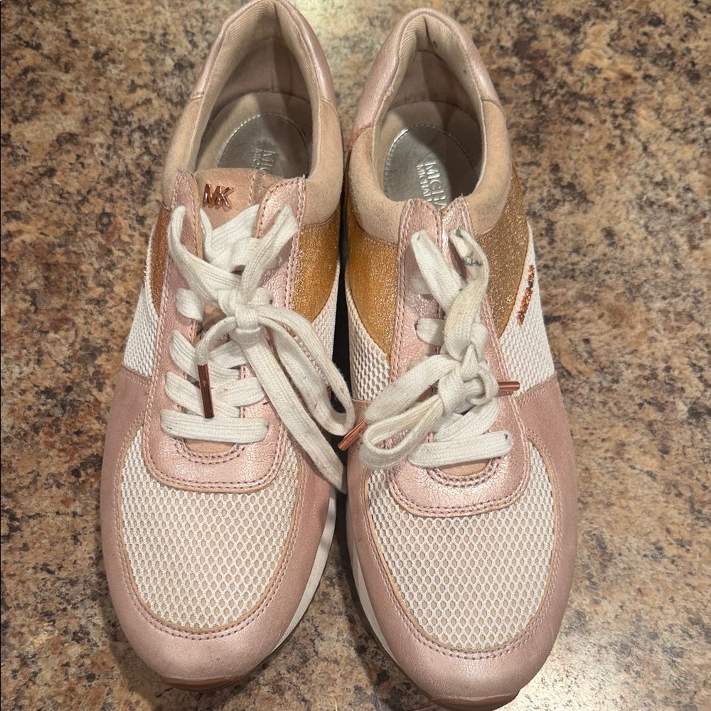 Michael Kors Rose Gold, White and Gold Mesh Running Sneakers
